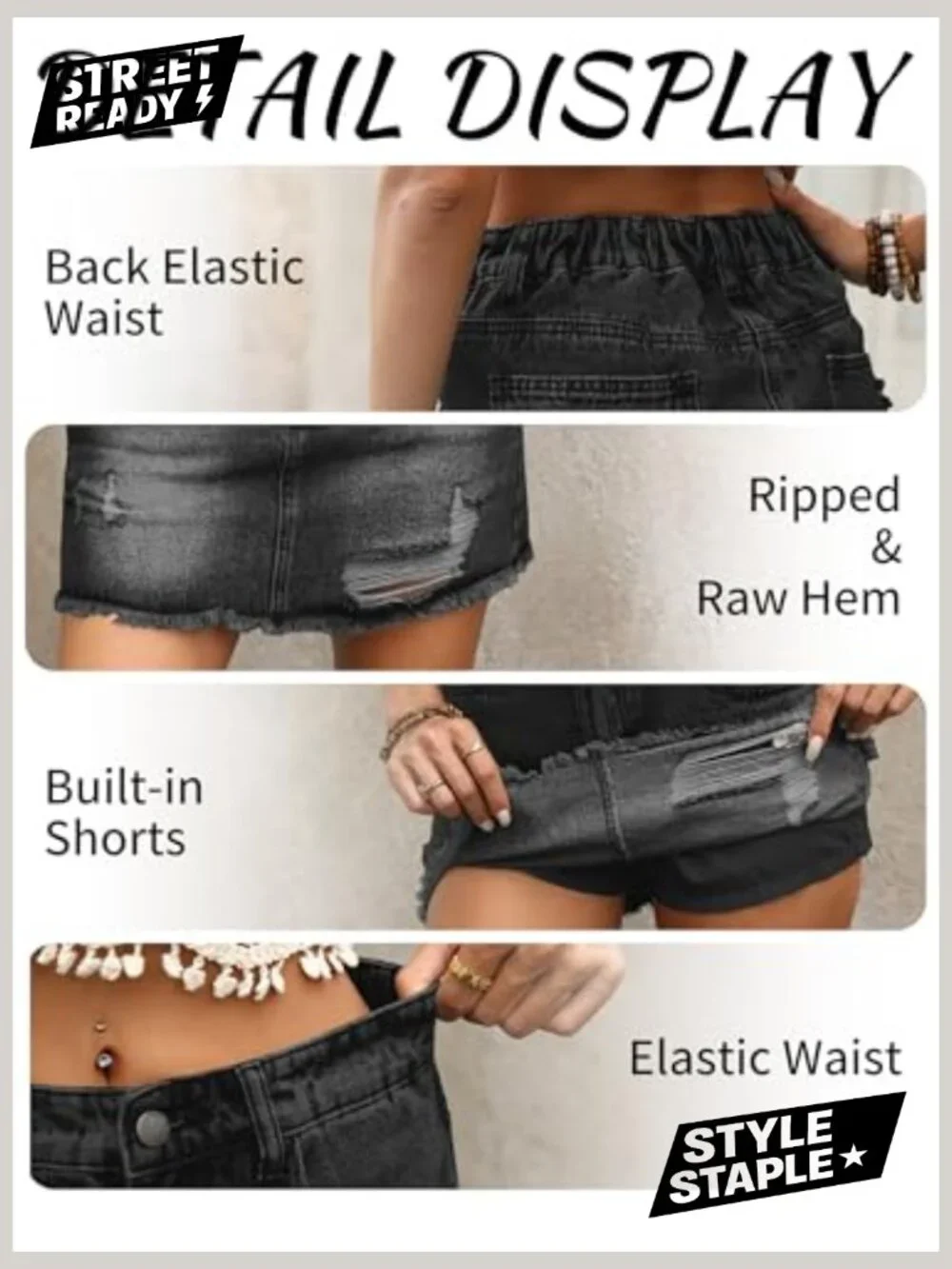 Ripped Denim Mini Skort with Pockets, A-Line Fit, Built-in Shorts - Picture 6 of 7
